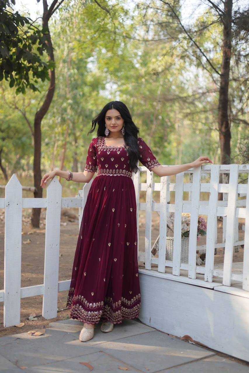 Embroidery Zari Sequins-work  Designer Faux Blooming Readymade Gown