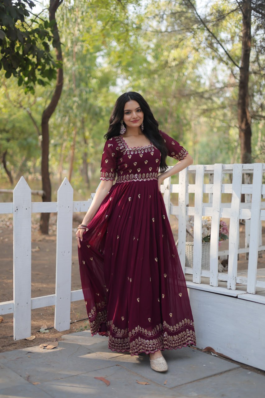 Embroidery Zari Sequins-work  Designer Faux Blooming Readymade Gown