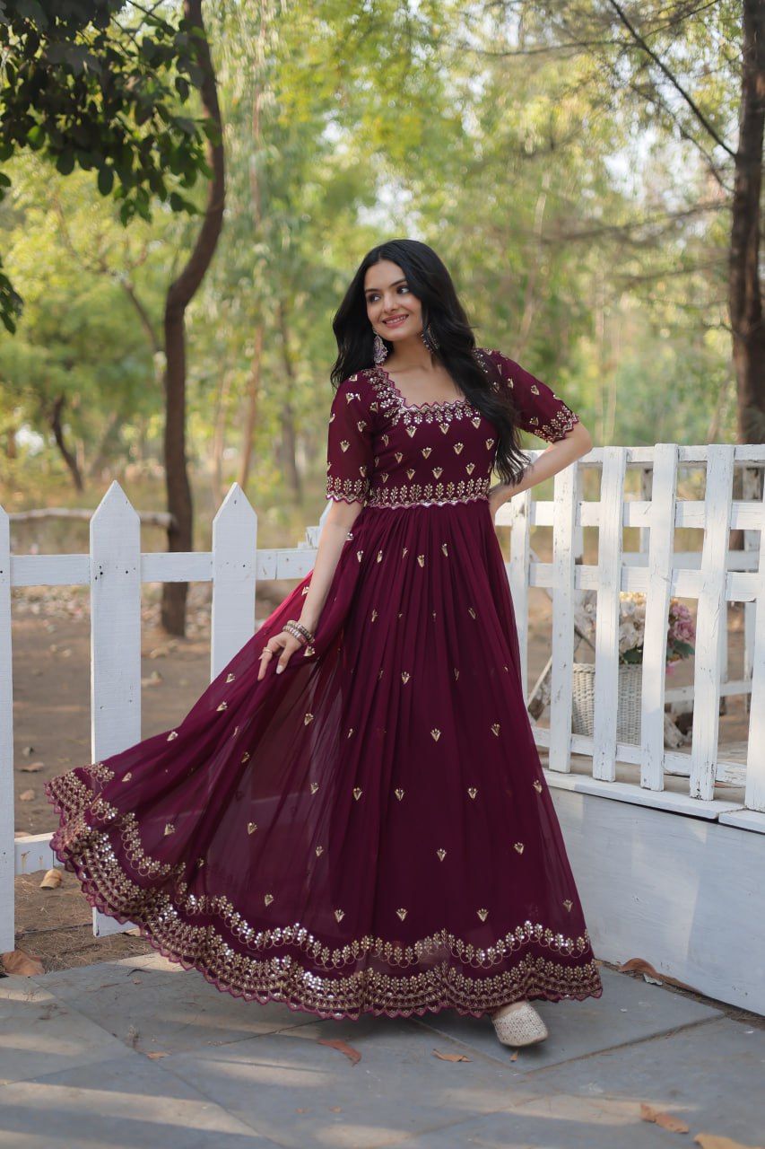 Embroidery Zari Sequins-work  Designer Faux Blooming Readymade Gown