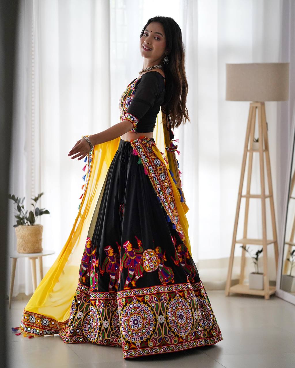 Elegant Original Mirror Work Fox Georgette Semi Stitched Lehenga Choli Set