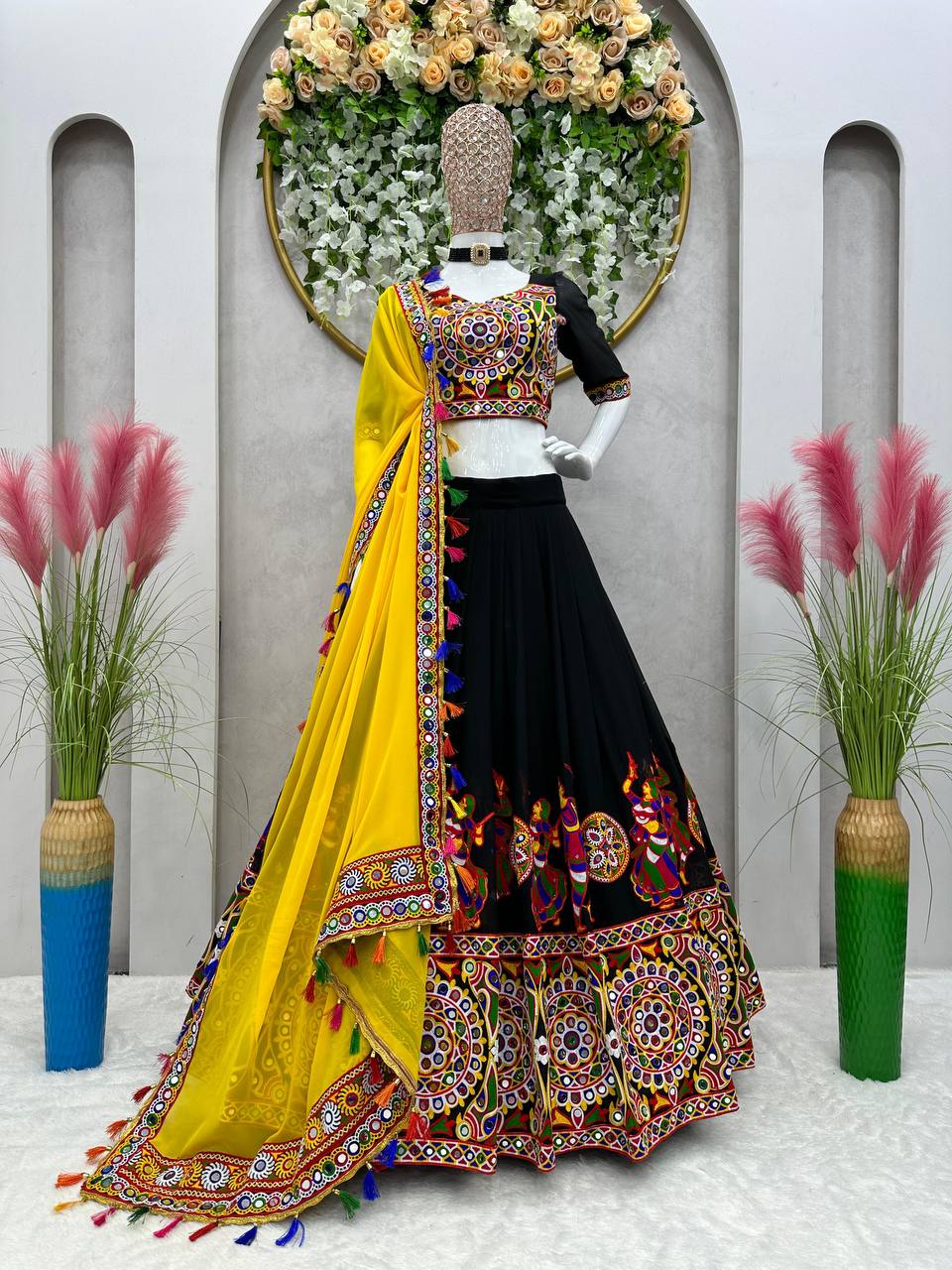 Elegant Original Mirror Work Fox Georgette Semi Stitched Lehenga Choli Set