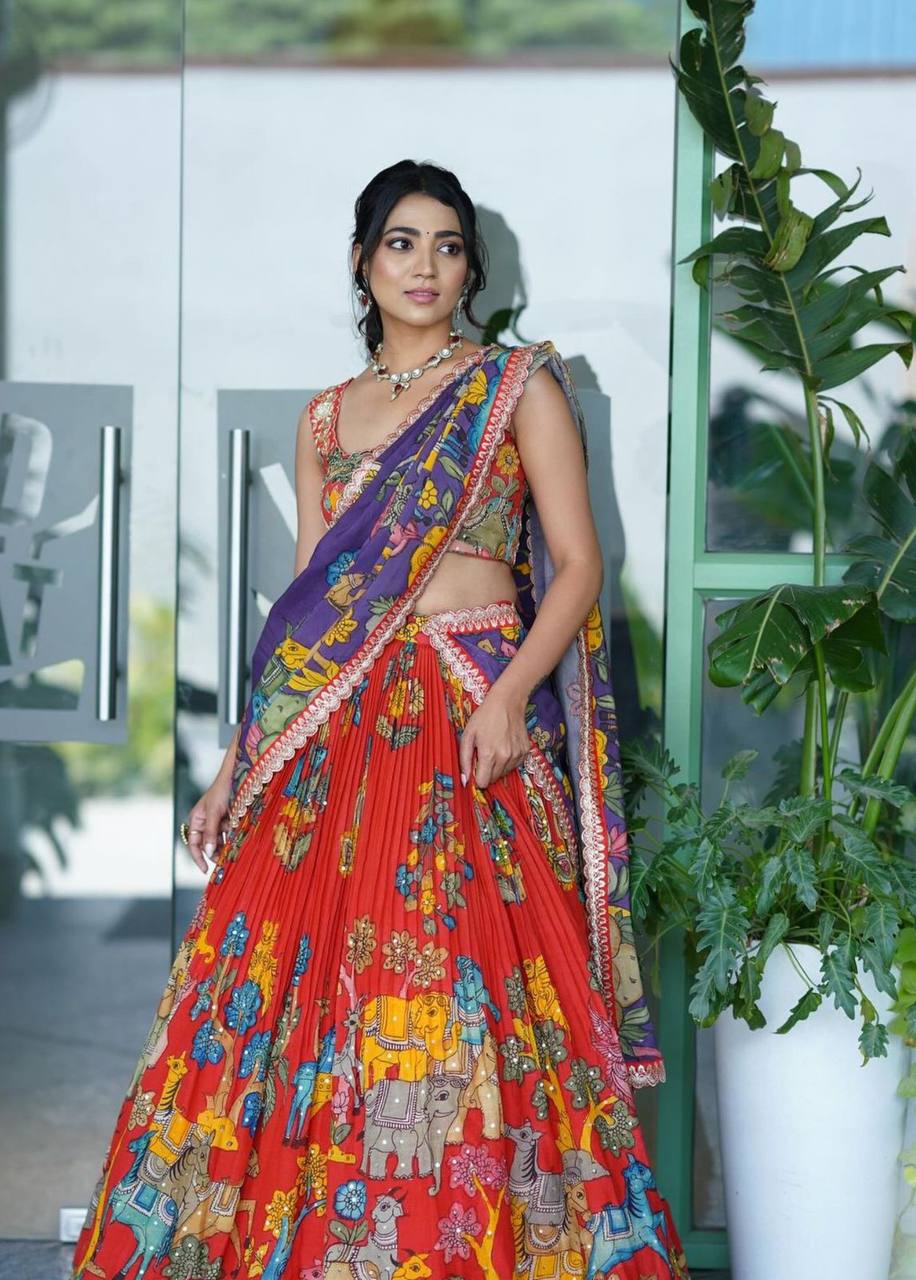 Kalamkari Printed Chent Crepe Silk Fabric Ready to Wear Lehenga Choli