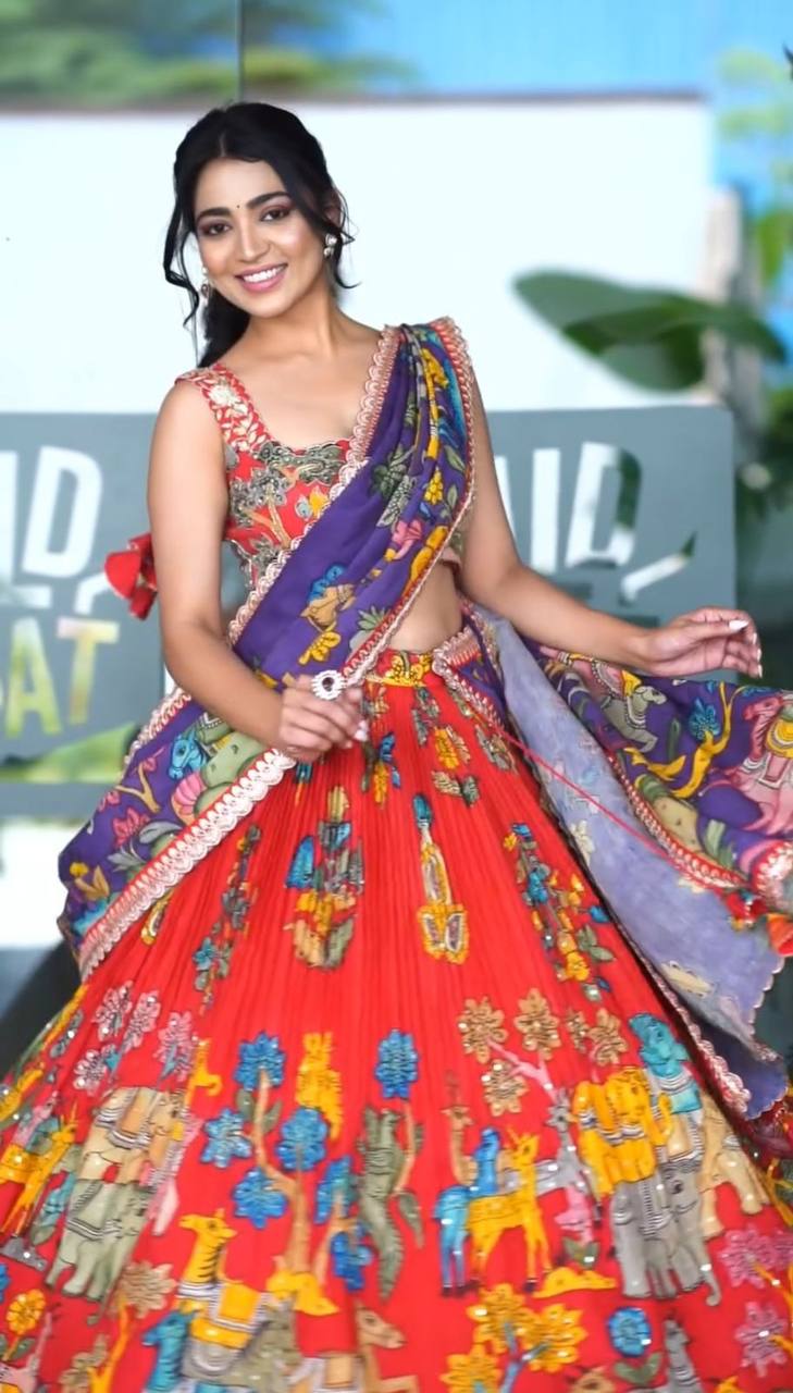 Kalamkari Printed Chent Crepe Silk Fabric Ready to Wear Lehenga Choli