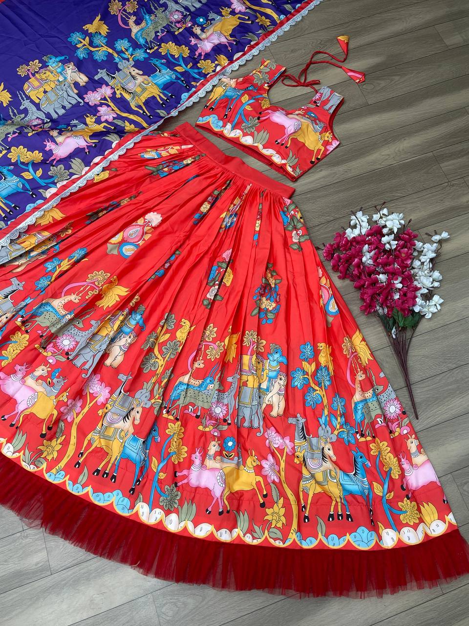 Kalamkari Printed Chent Crepe Silk Fabric Ready to Wear Lehenga Choli