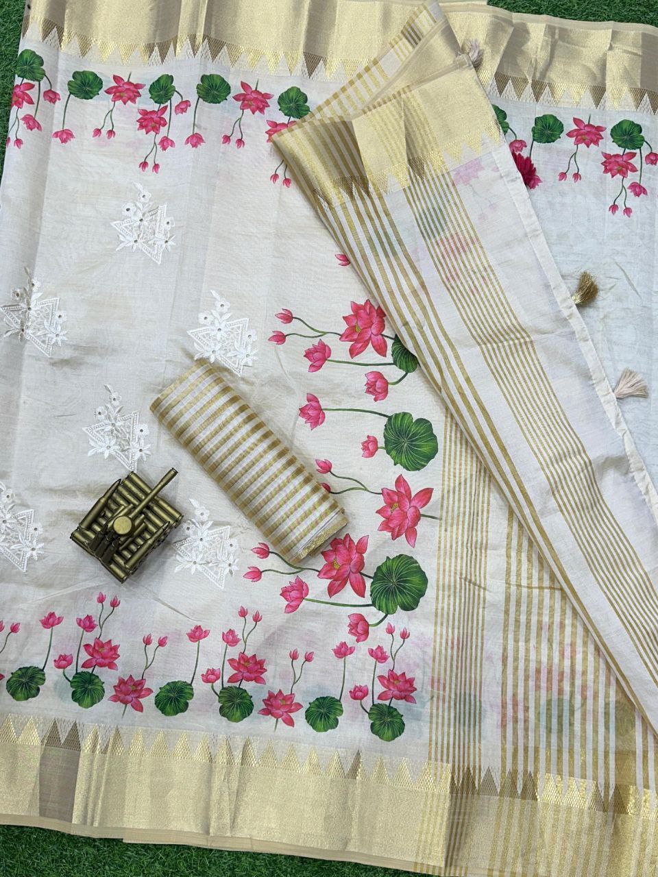 Embroidered Cut Work and Zari Jacquard Border Assam Silk Saree with Blouse