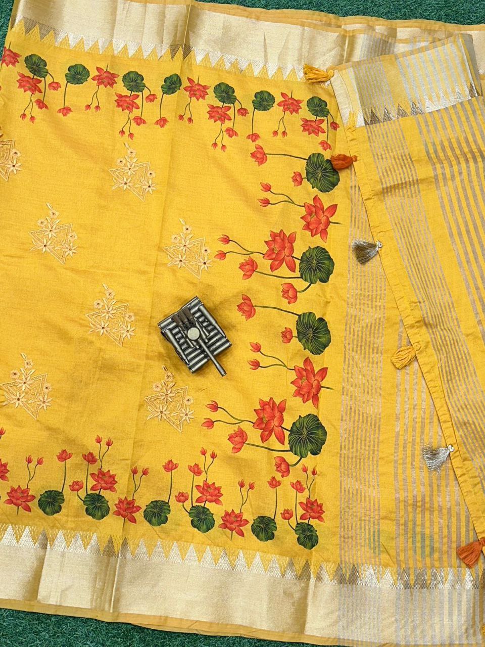 Embroidered Cut Work and Zari Jacquard Border Assam Silk Saree with Blouse