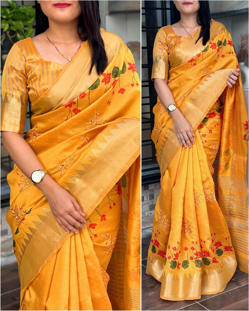 Embroidered Cut Work and Zari Jacquard Border Assam Silk Saree with Blouse