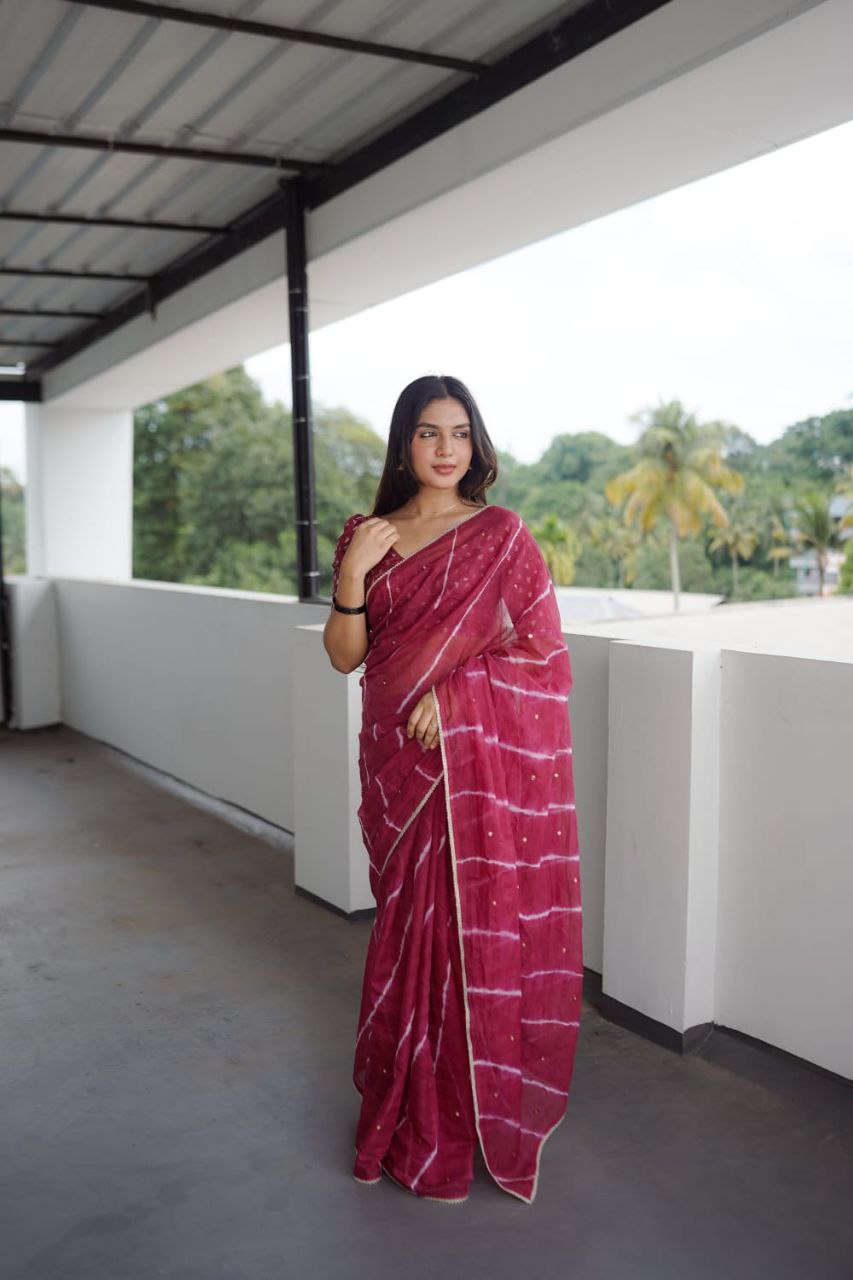 Women's Pure Kota Doria tie and dye leheriya Saree With Blouse