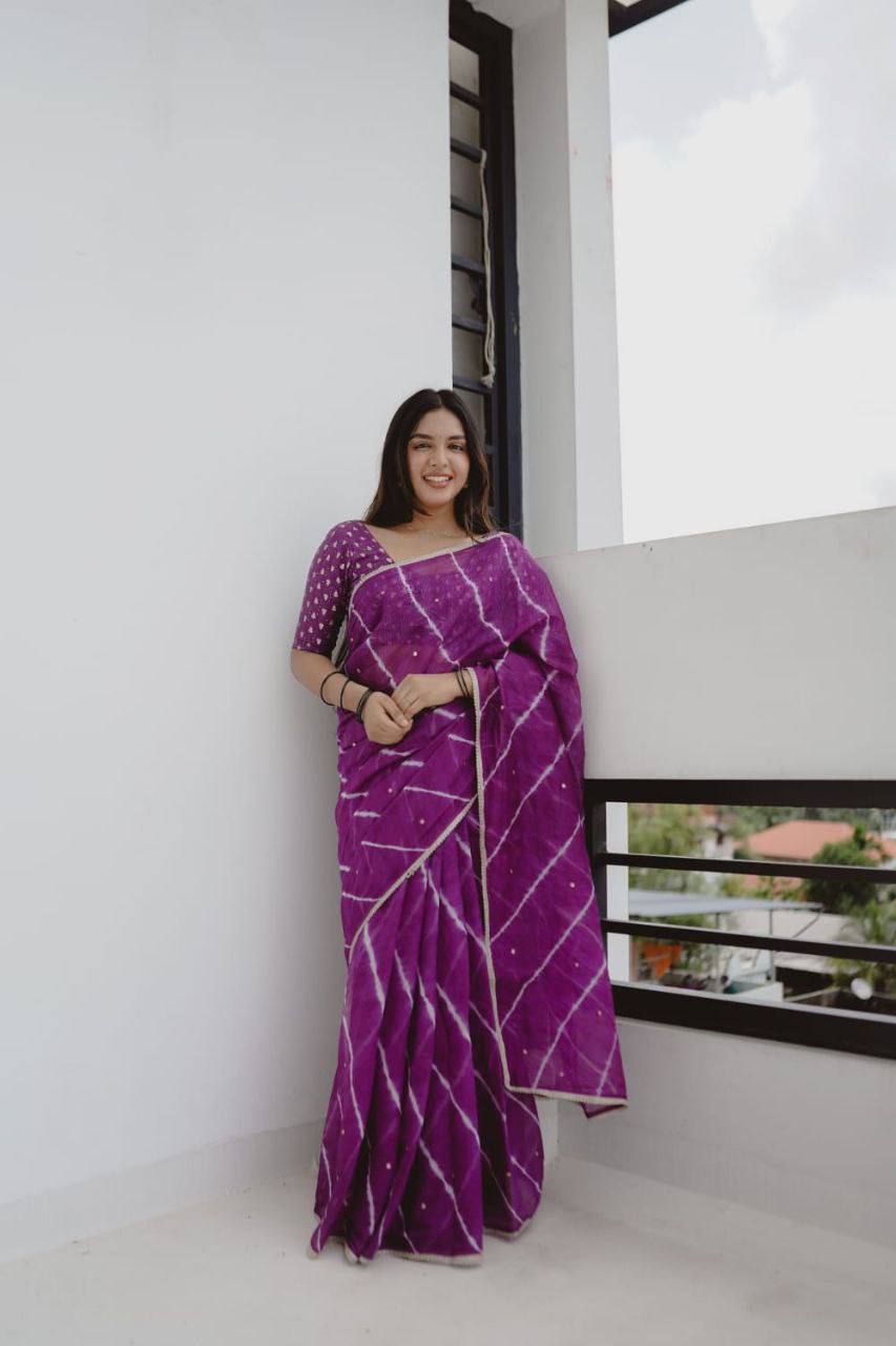 Women's Pure Kota Doria tie and dye leheriya Saree With Blouse