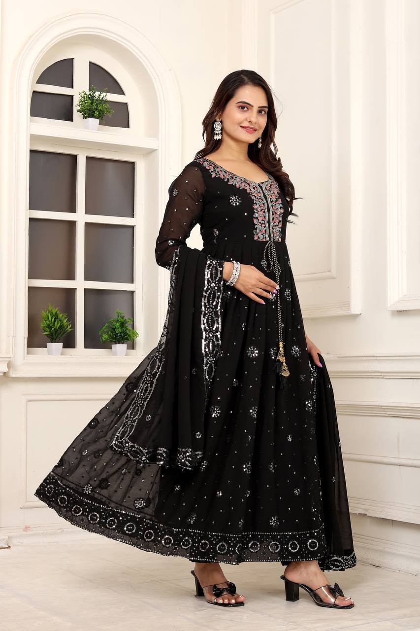 Sequence Work Fox Georgette Gown with Pant and Dupatta