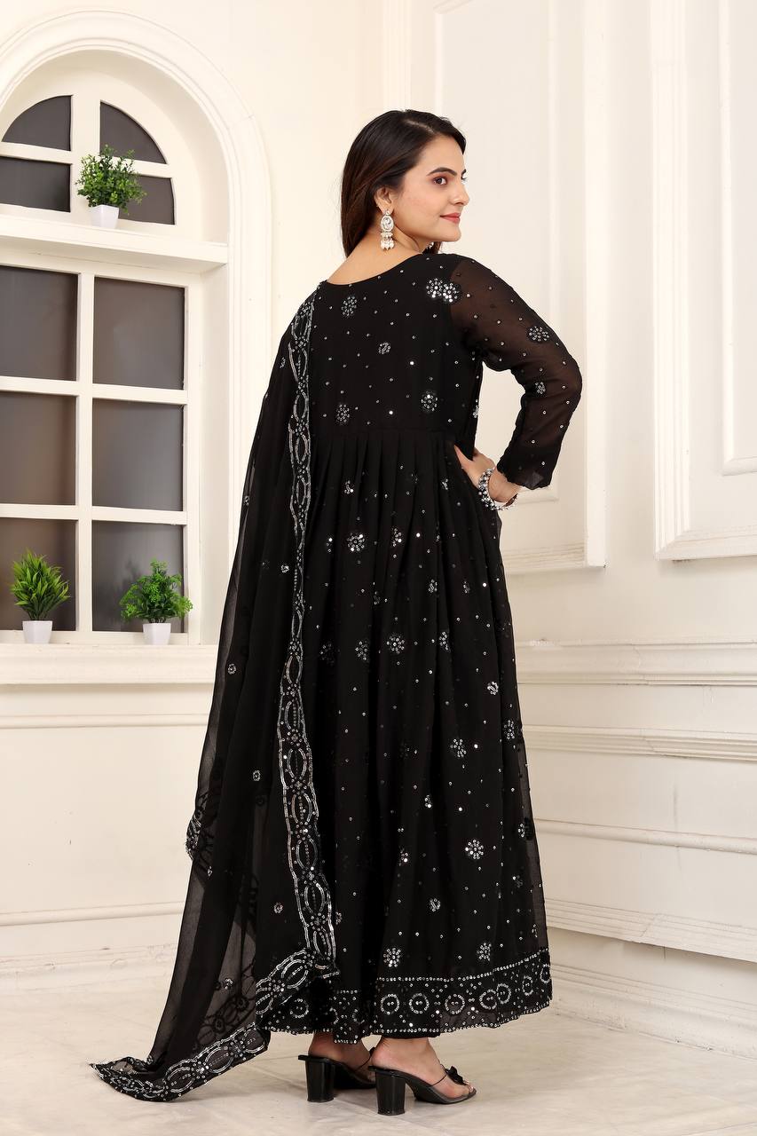 Sequence Work Fox Georgette Gown with Pant and Dupatta