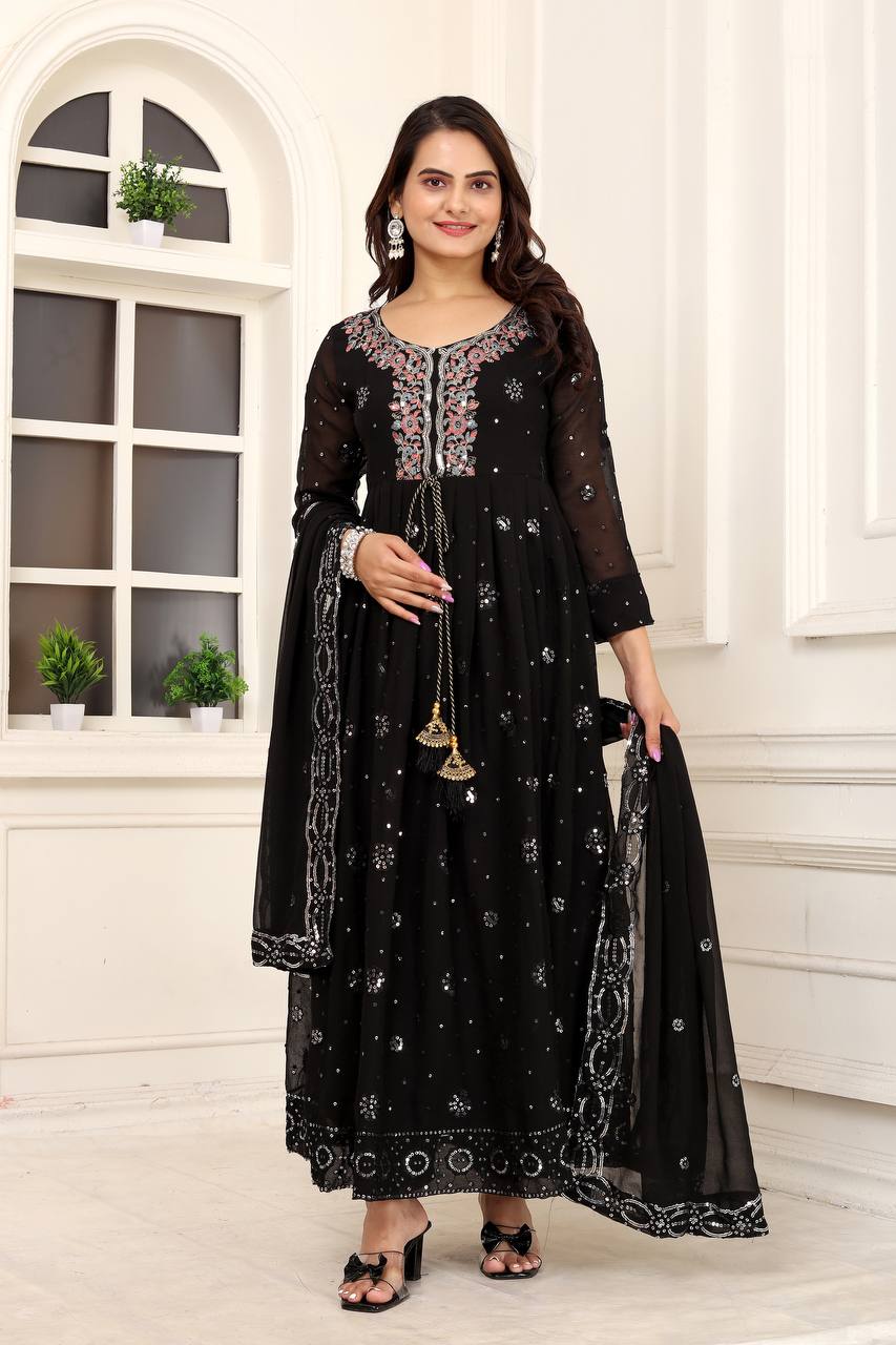 Sequence Work Fox Georgette Gown with Pant and Dupatta