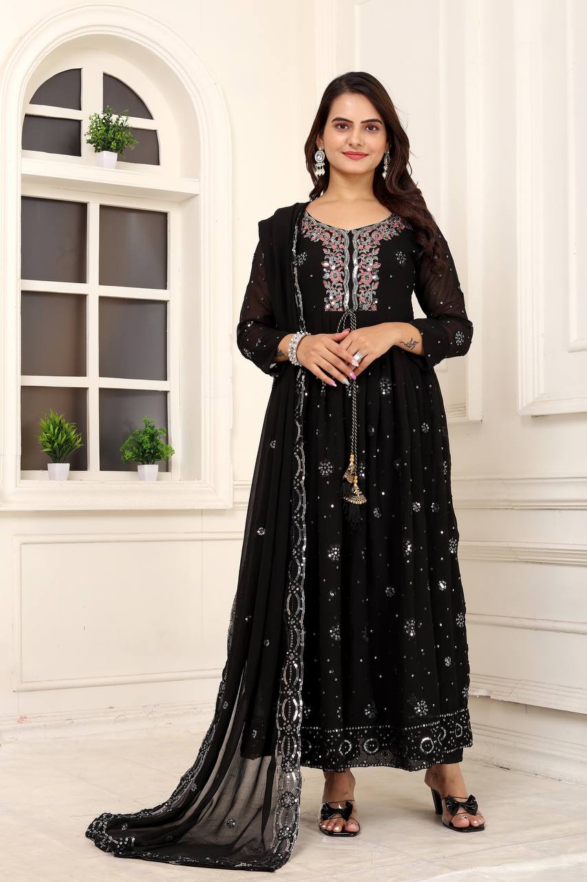 Sequence Work Fox Georgette Gown with Pant and Dupatta