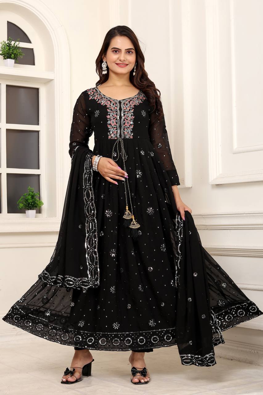 Sequence Work Fox Georgette Gown with Pant and Dupatta