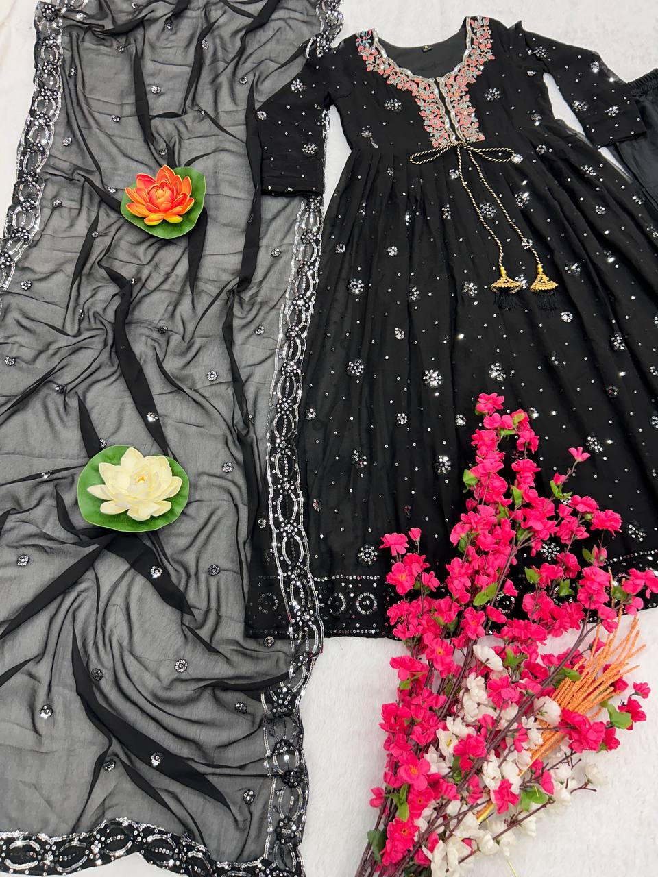 Sequence Work Fox Georgette Gown with Pant and Dupatta