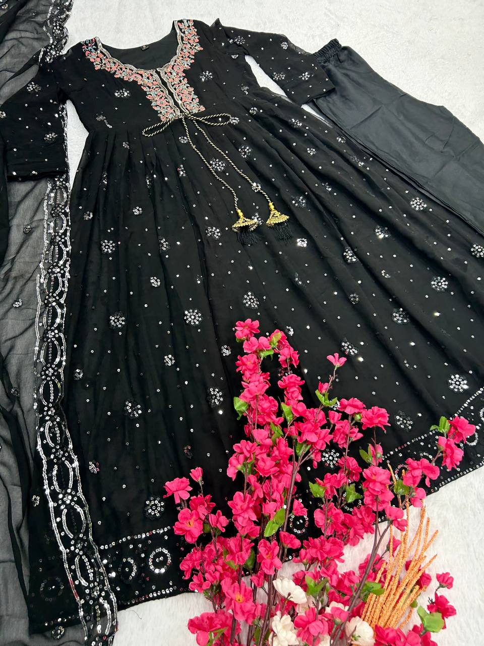 Sequence Work Fox Georgette Gown with Pant and Dupatta