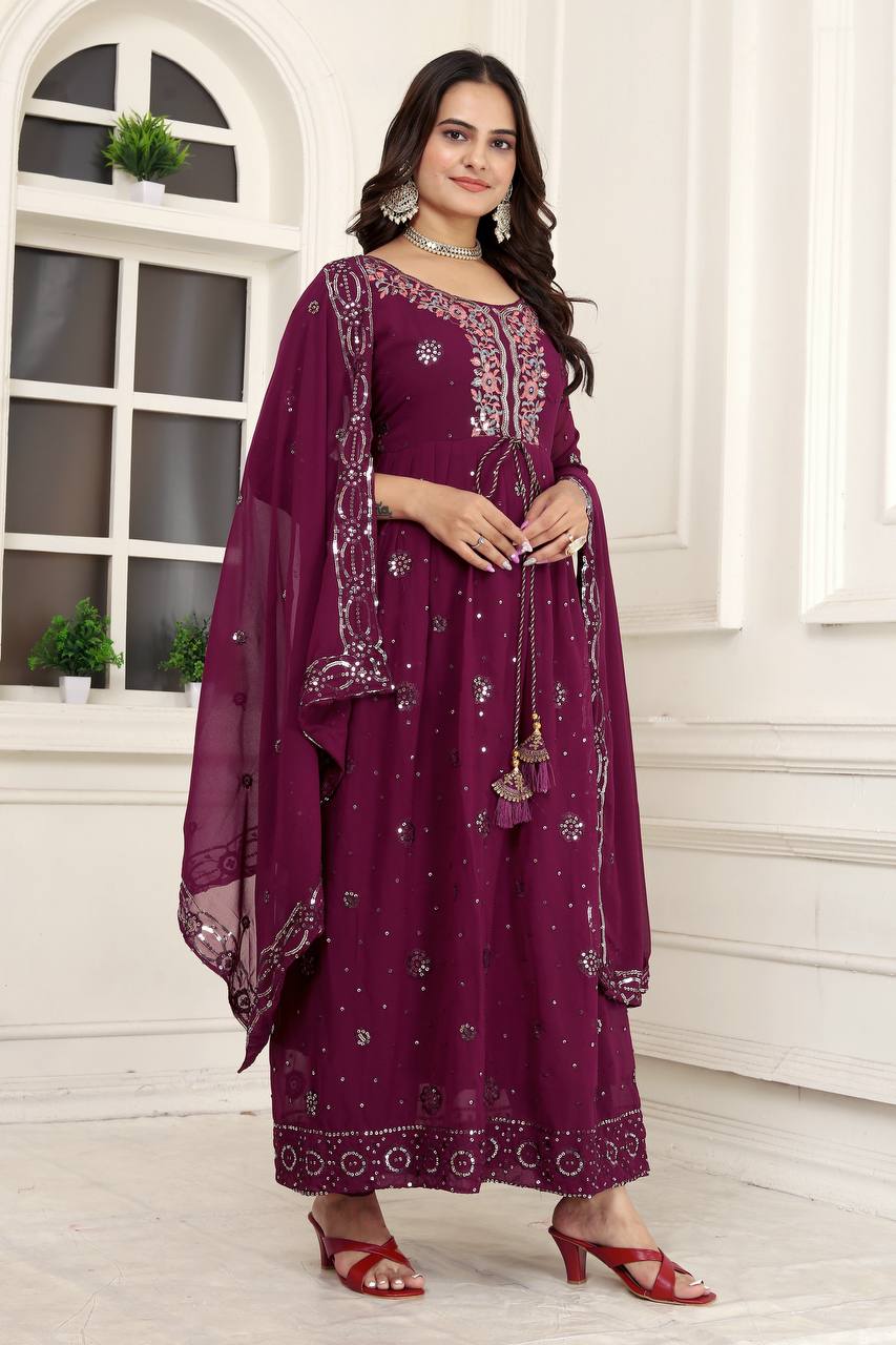 Sequence Work Fox Georgette Gown with Pant and Dupatta