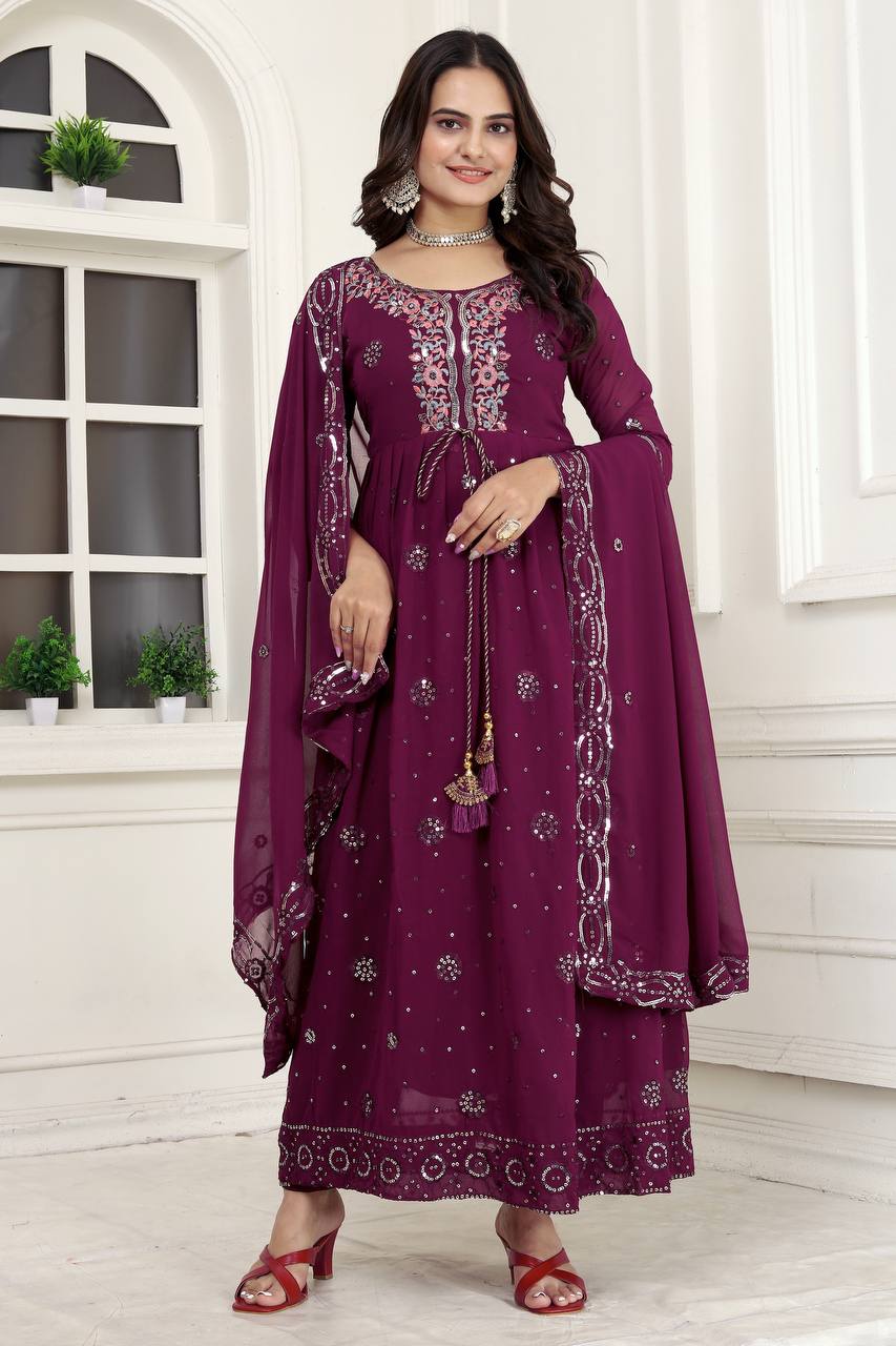 Sequence Work Fox Georgette Gown with Pant and Dupatta