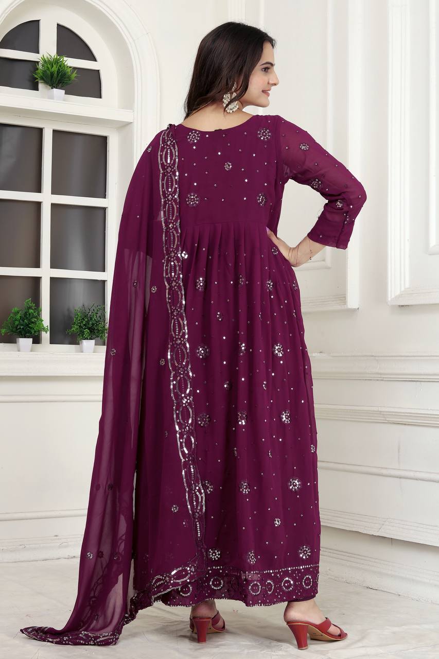 Sequence Work Fox Georgette Gown with Pant and Dupatta