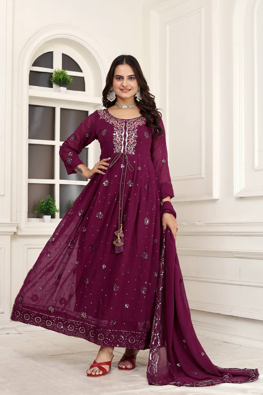 Sequence Work Fox Georgette Gown with Pant and Dupatta