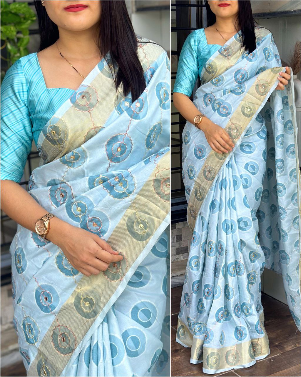 Printed Hand Zari Mirror Work and Zari Border Cotton Silk Saree With Blouse