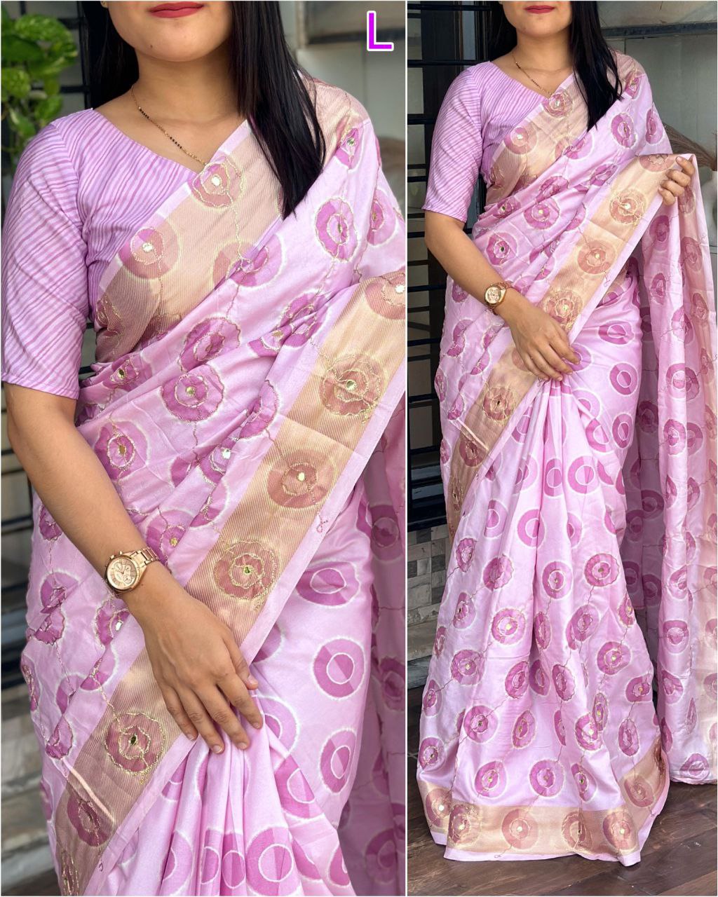 Printed Hand Zari Mirror Work and Zari Border Cotton Silk Saree With Blouse