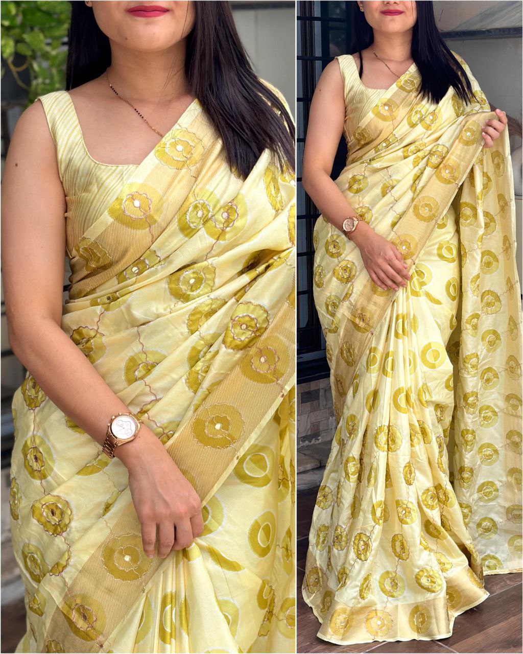 Printed Hand Zari Mirror Work and Zari Border Cotton Silk Saree With Blouse