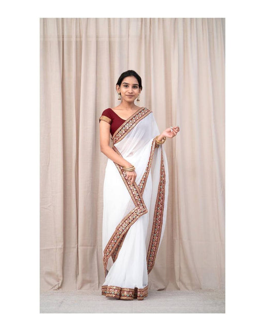 Pure Georgette Silk Red Sequence Border White Saree with Blouse