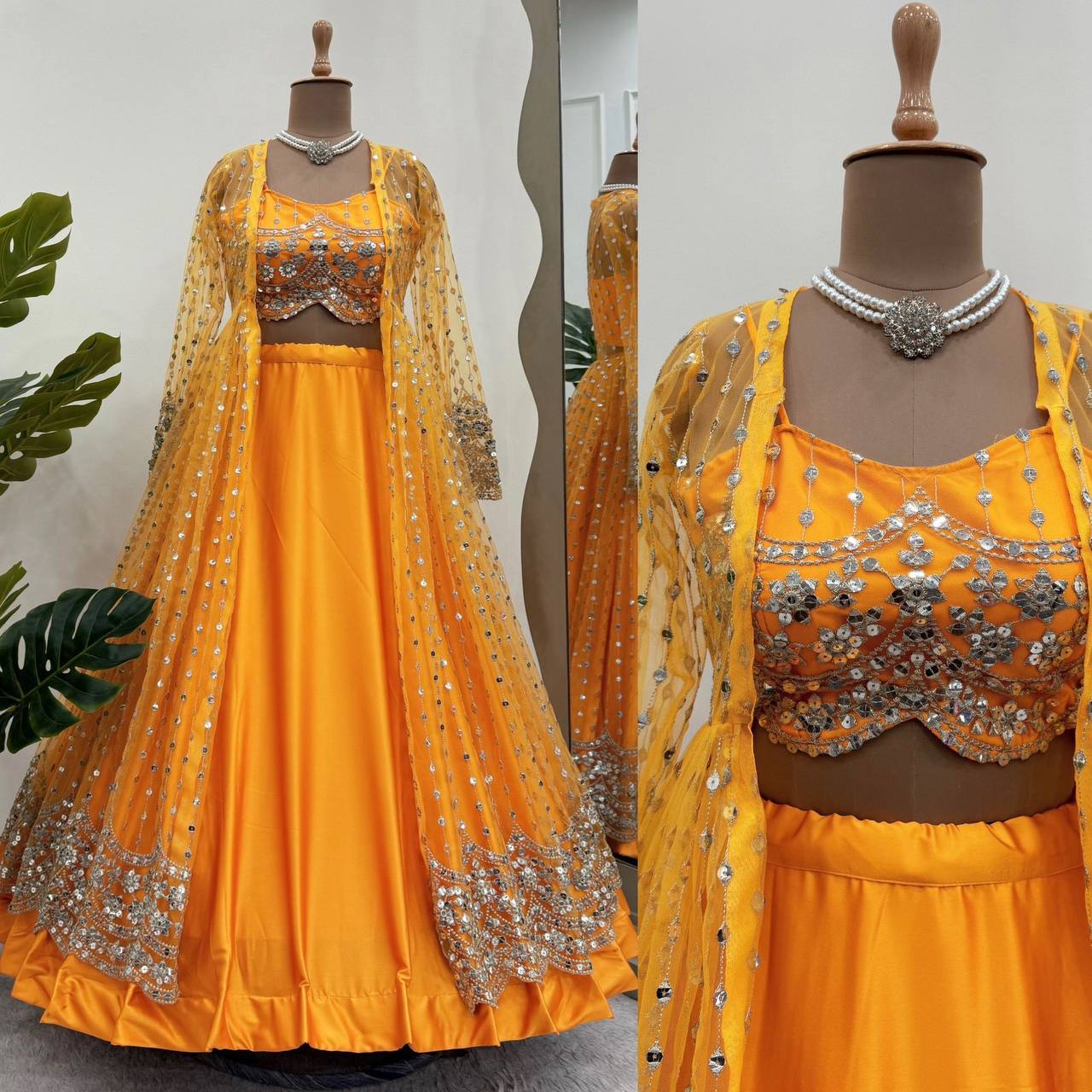 Elegant Japan Satin Lehenga with Butterfly Net Choli and Jacket/Koti