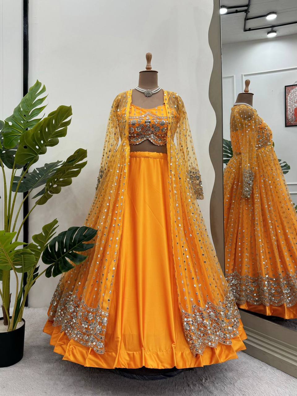 Elegant Japan Satin Lehenga with Butterfly Net Choli and Jacket/Koti