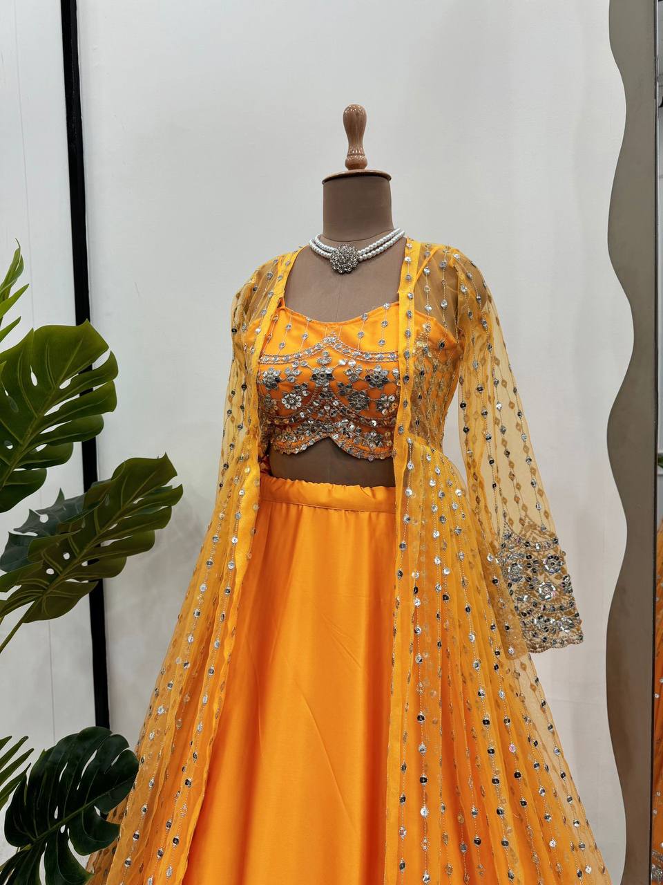 Elegant Japan Satin Lehenga with Butterfly Net Choli and Jacket/Koti