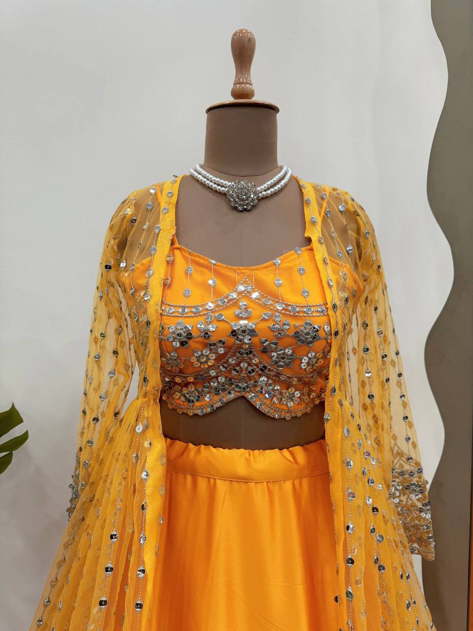 Elegant Japan Satin Lehenga with Butterfly Net Choli and Jacket/Koti