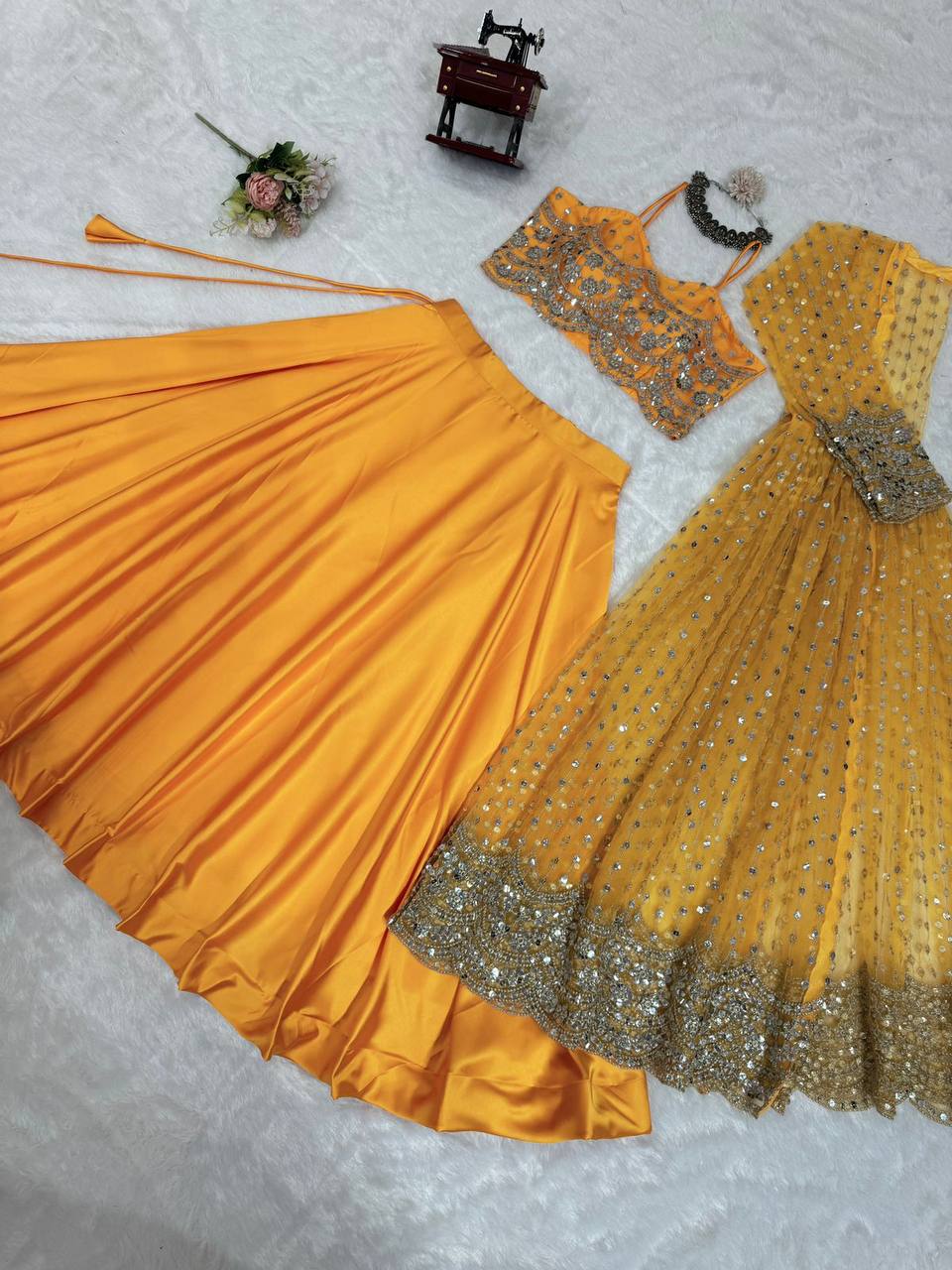 Elegant Japan Satin Lehenga with Butterfly Net Choli and Jacket/Koti