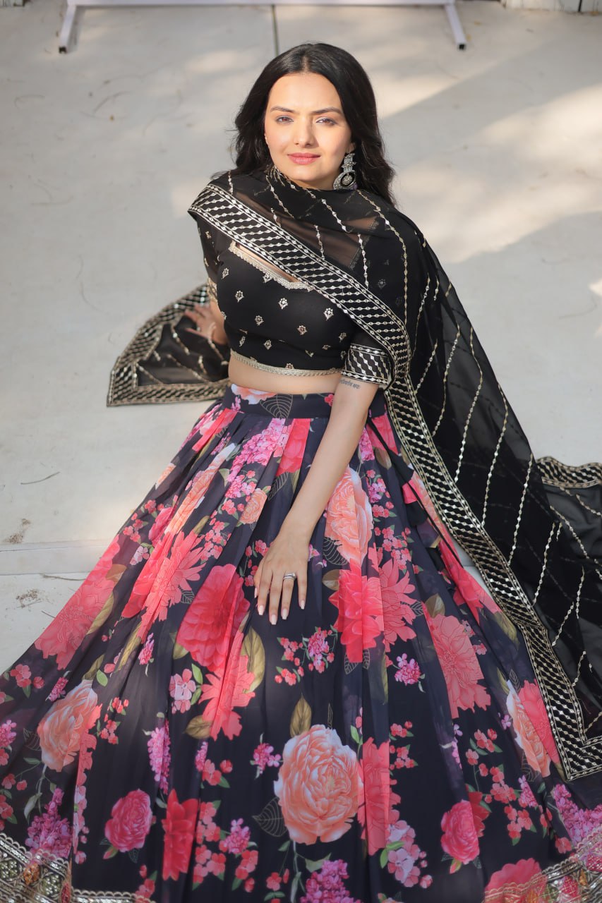 Heavy Sequins & Thread Embroidered work Digital Printed Georgette Lehenga choli Set