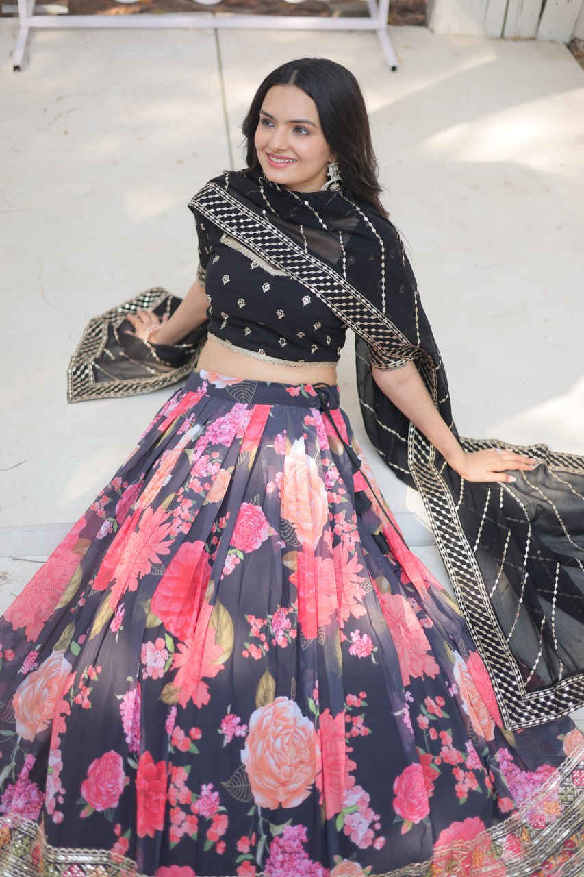 Heavy Sequins & Thread Embroidered work Digital Printed Georgette Lehenga choli Set