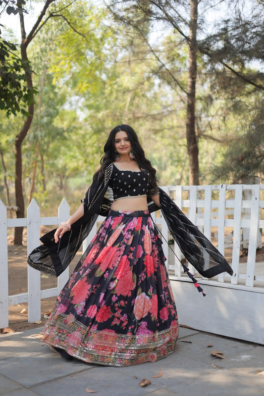 Heavy Sequins & Thread Embroidered work Digital Printed Georgette Lehenga choli Set