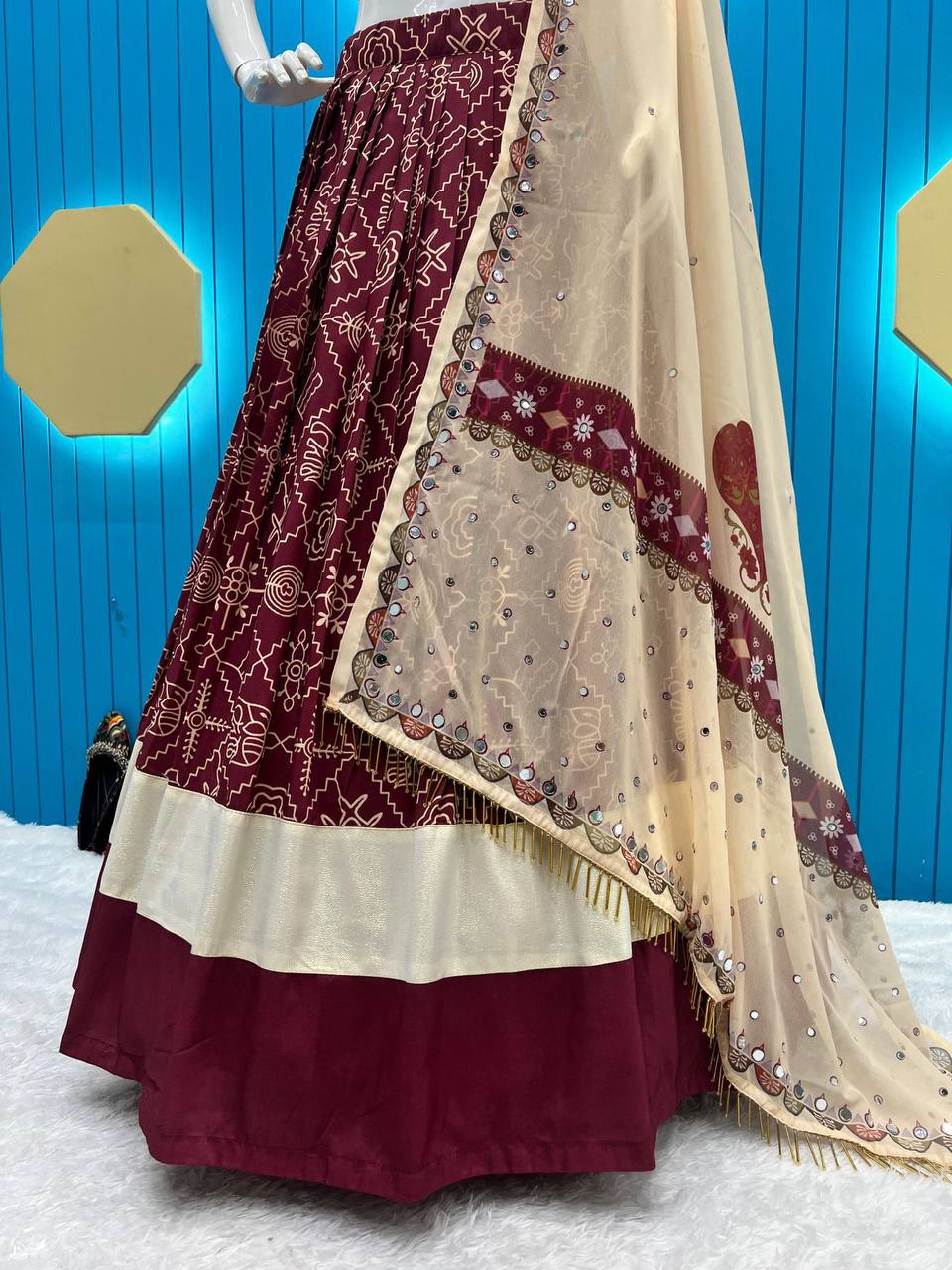 Maslin Cotton Designer Printed and Real Mirror Work Lehenga Choli with Dupatta