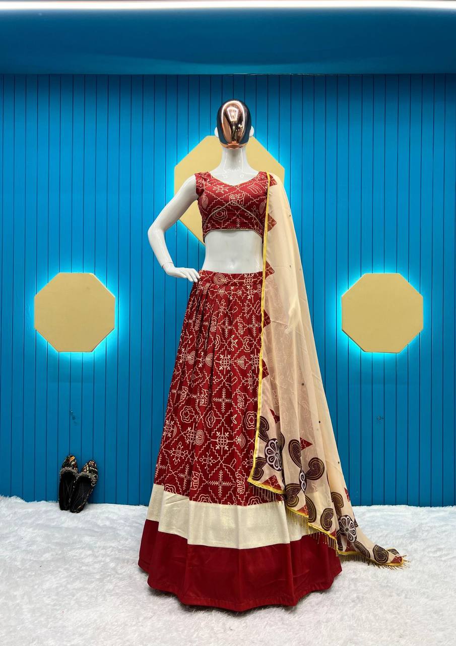 Maslin Cotton Designer Printed and Real Mirror Work Lehenga Choli with Dupatta