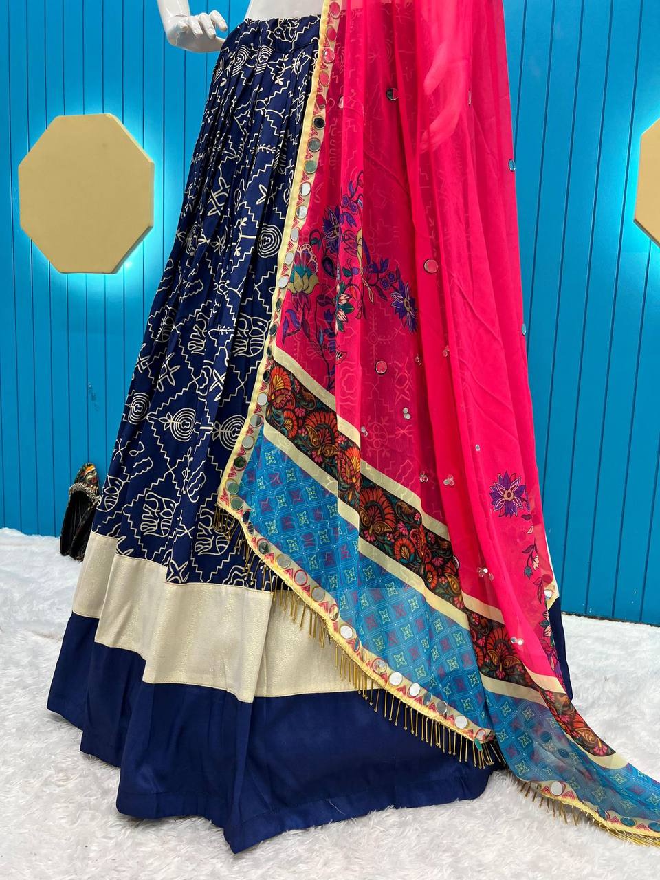 Maslin Cotton Designer Printed and Real Mirror Work Lehenga Choli with Dupatta