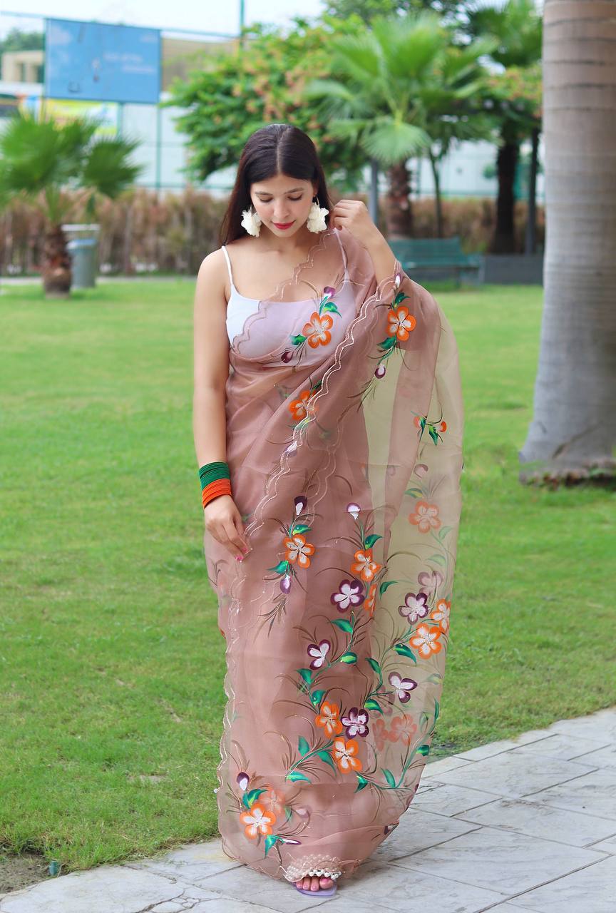 Handpainted Foil Motif Organza Silk Saree with Blouse