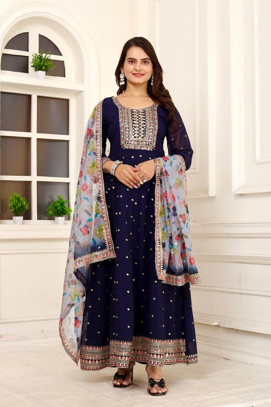 Elegant Anarkali Embroidery Work Full Sleeves Gown Set