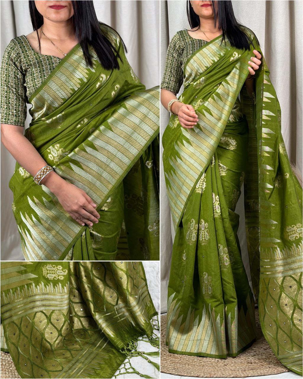 Women's Zari Weaving Hand Katha Mirror Work Banarasi Silk Cotton Saree With Meenakari Jacquard Blouse