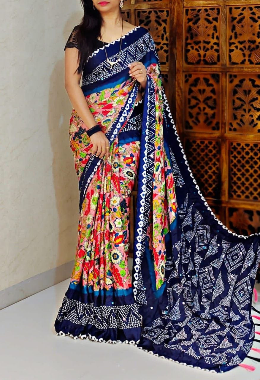 Kalamkari Bandhej Saree with Pure Moss Fabric, Super Mirror Work, and Stylish Latkan in Pallu