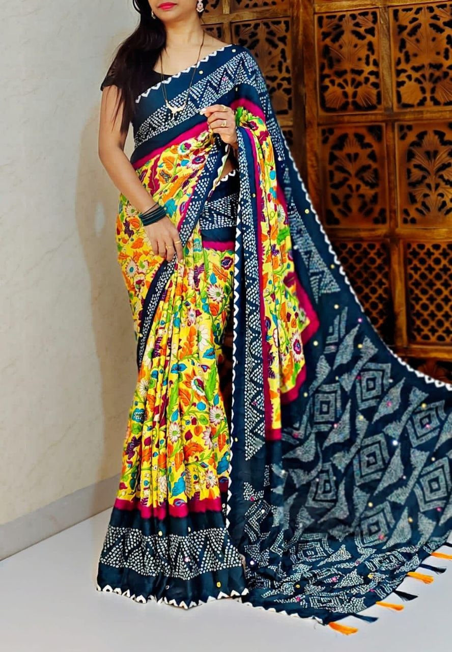 Kalamkari Bandhej Saree with Pure Moss Fabric, Super Mirror Work, and Stylish Latkan in Pallu