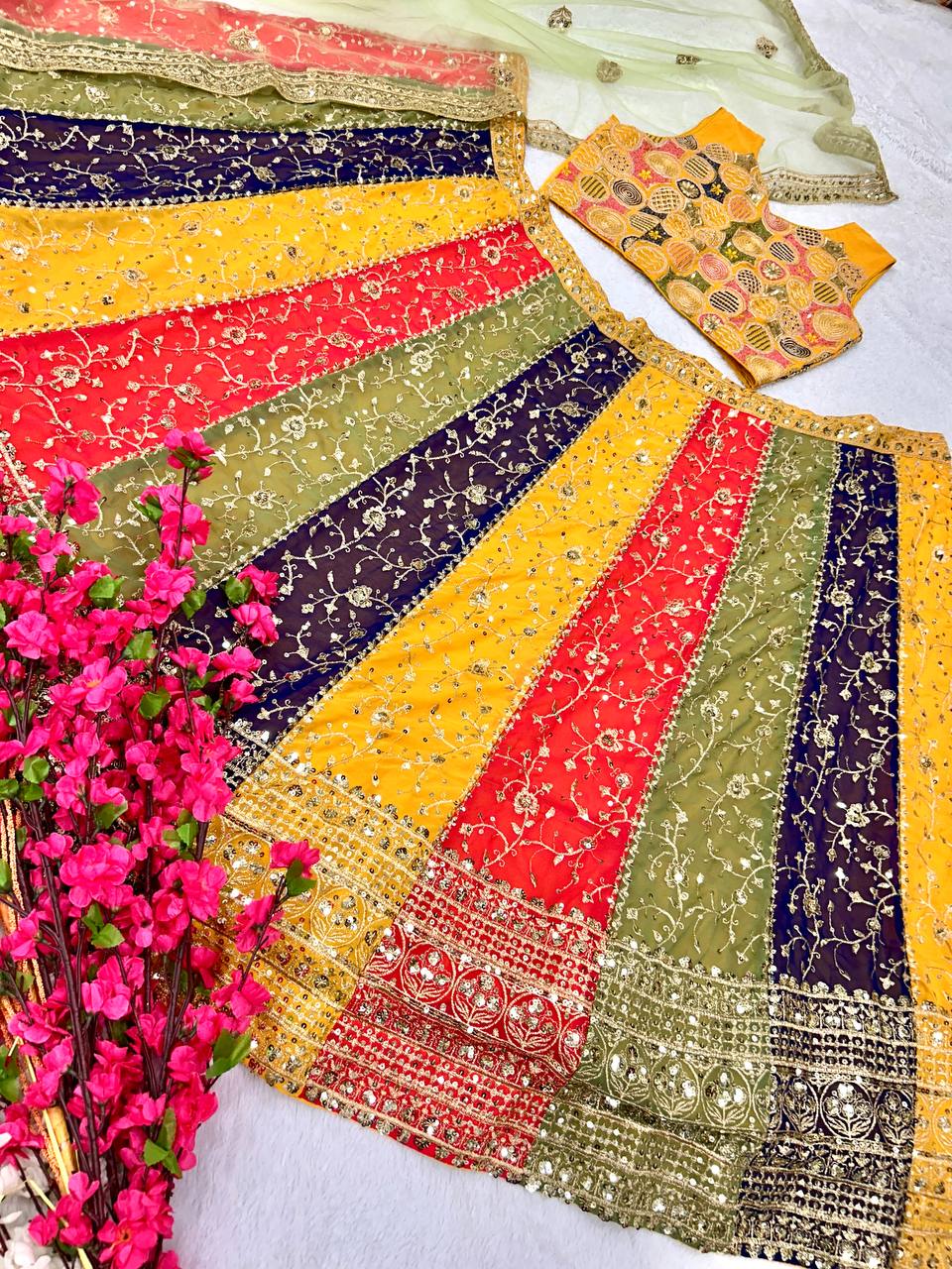 Semi Stitched Multicoloured Faux Georgette Lehenga Choli Set