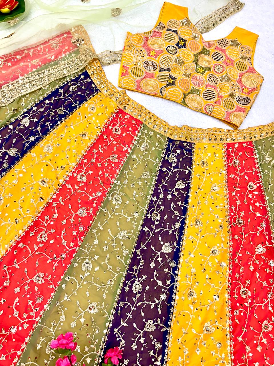 Semi Stitched Multicoloured Faux Georgette Lehenga Choli Set