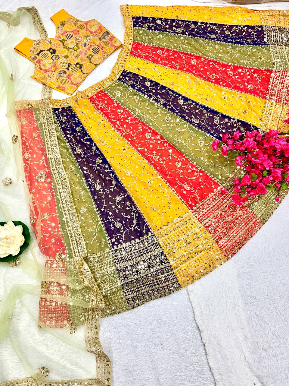 Semi Stitched Multicoloured Faux Georgette Lehenga Choli Set