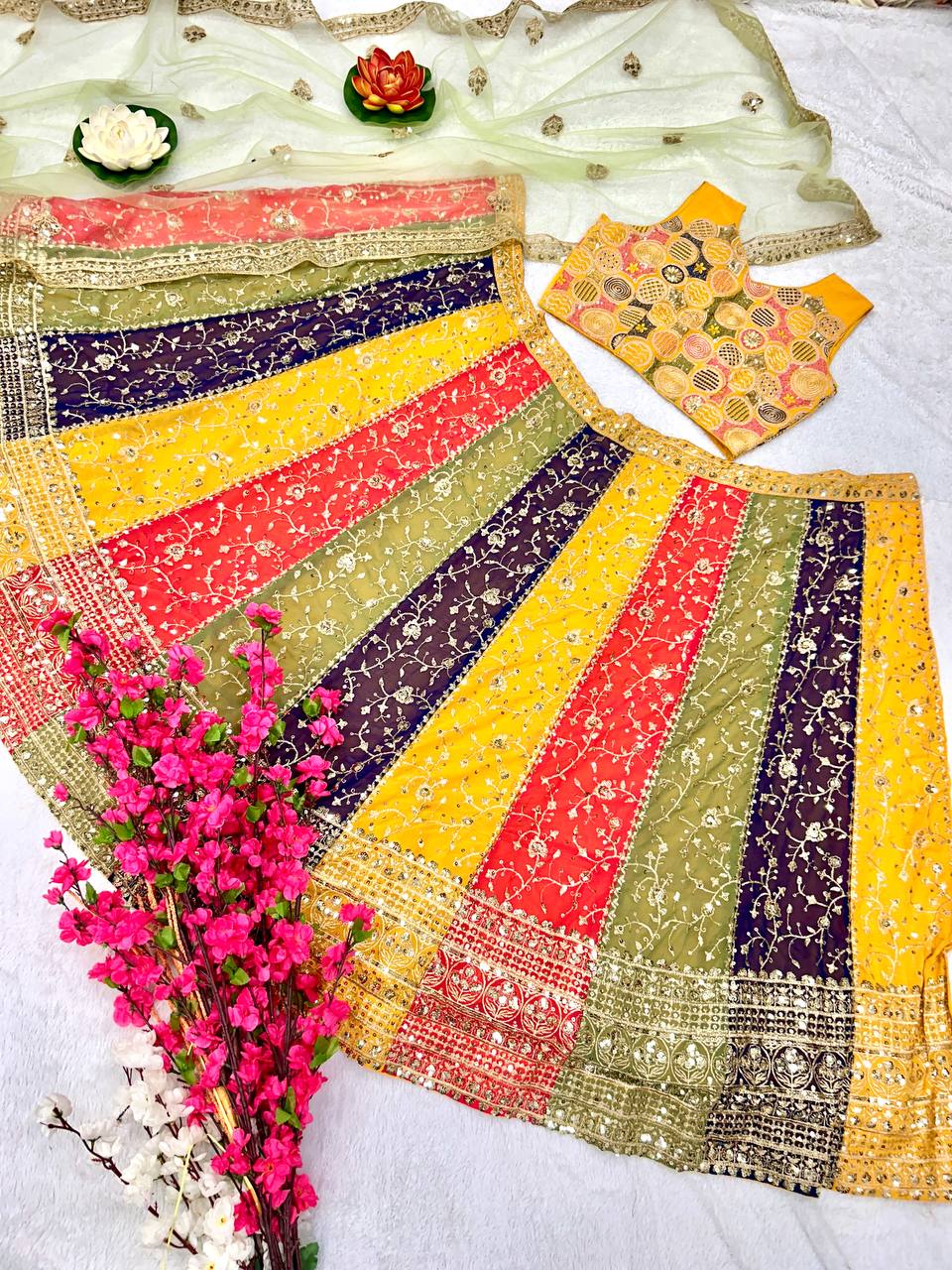 Semi Stitched Multicoloured Faux Georgette Lehenga Choli Set