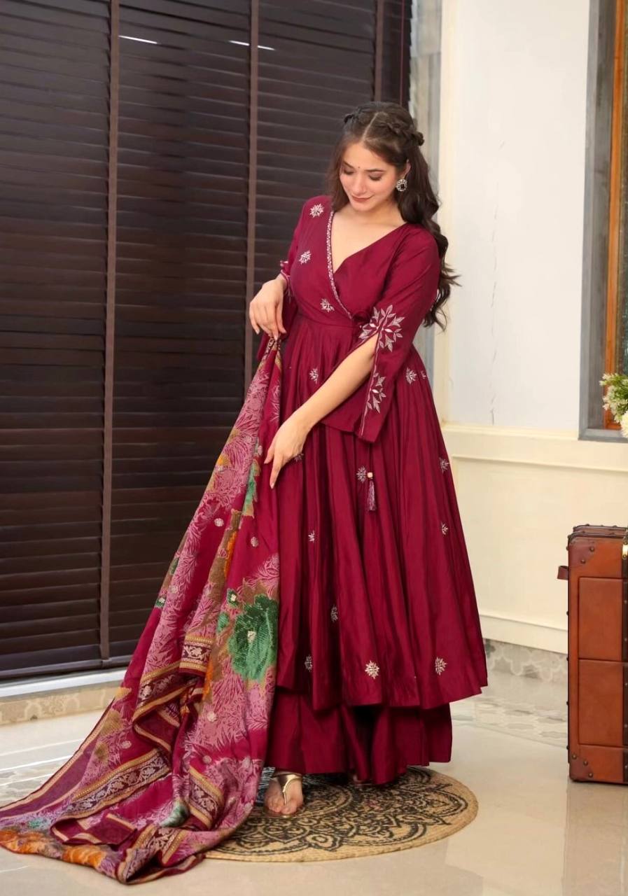 Elegant Sequin-Embroidered Chinon Silk Gown Set with Plazzo and Dupatta