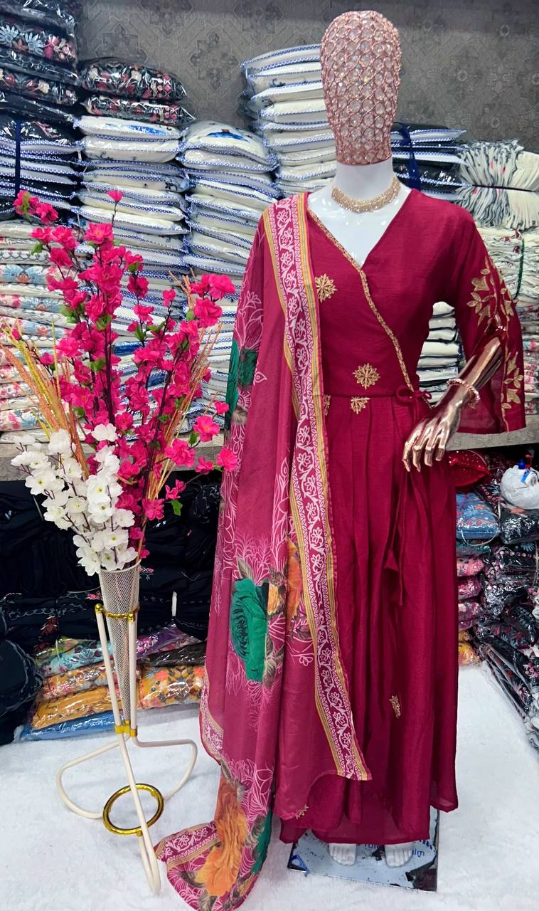 Elegant Sequin-Embroidered Chinon Silk Gown Set with Plazzo and Dupatta